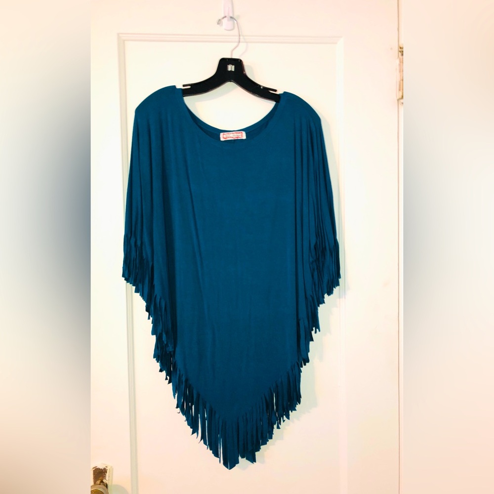 NWT_Women's Boho Blue Poncho with Fringe_NWT